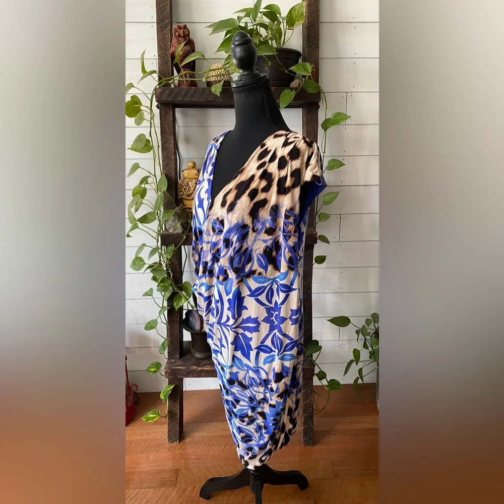 Nine West: Blue V Neck Mixed Animal and Floral Print Dress